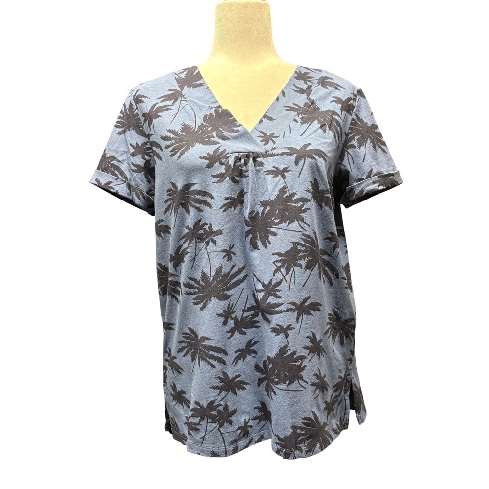 Tribal Womens Blue Palm Tree Tropical Print V-Neck Short Sleeve Top Size‎ M NWT